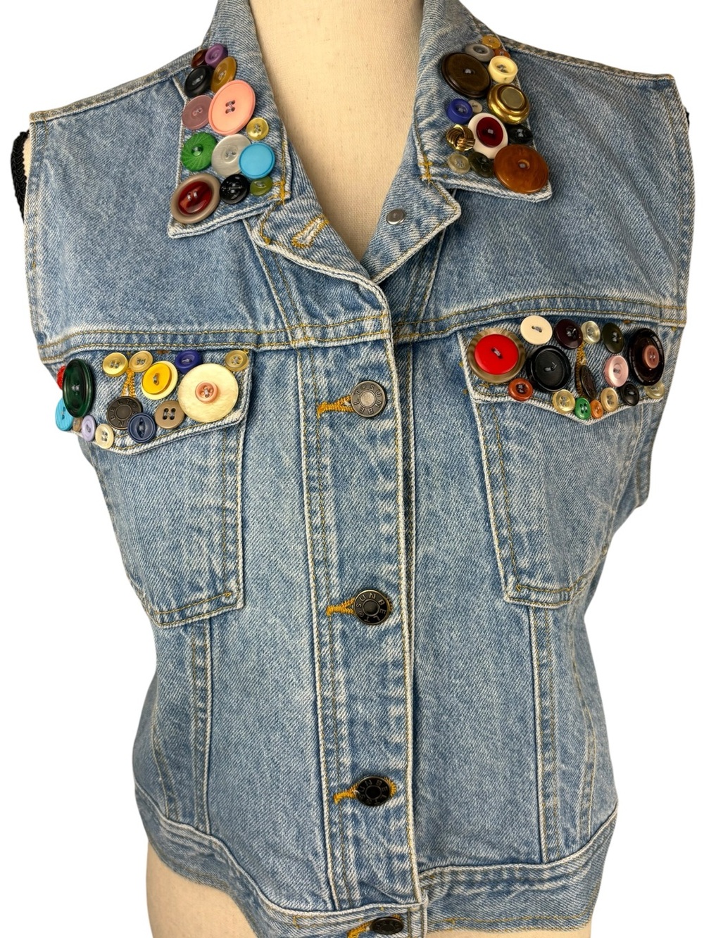 Vintage Denim Vest Button Embellished Boho Festival M